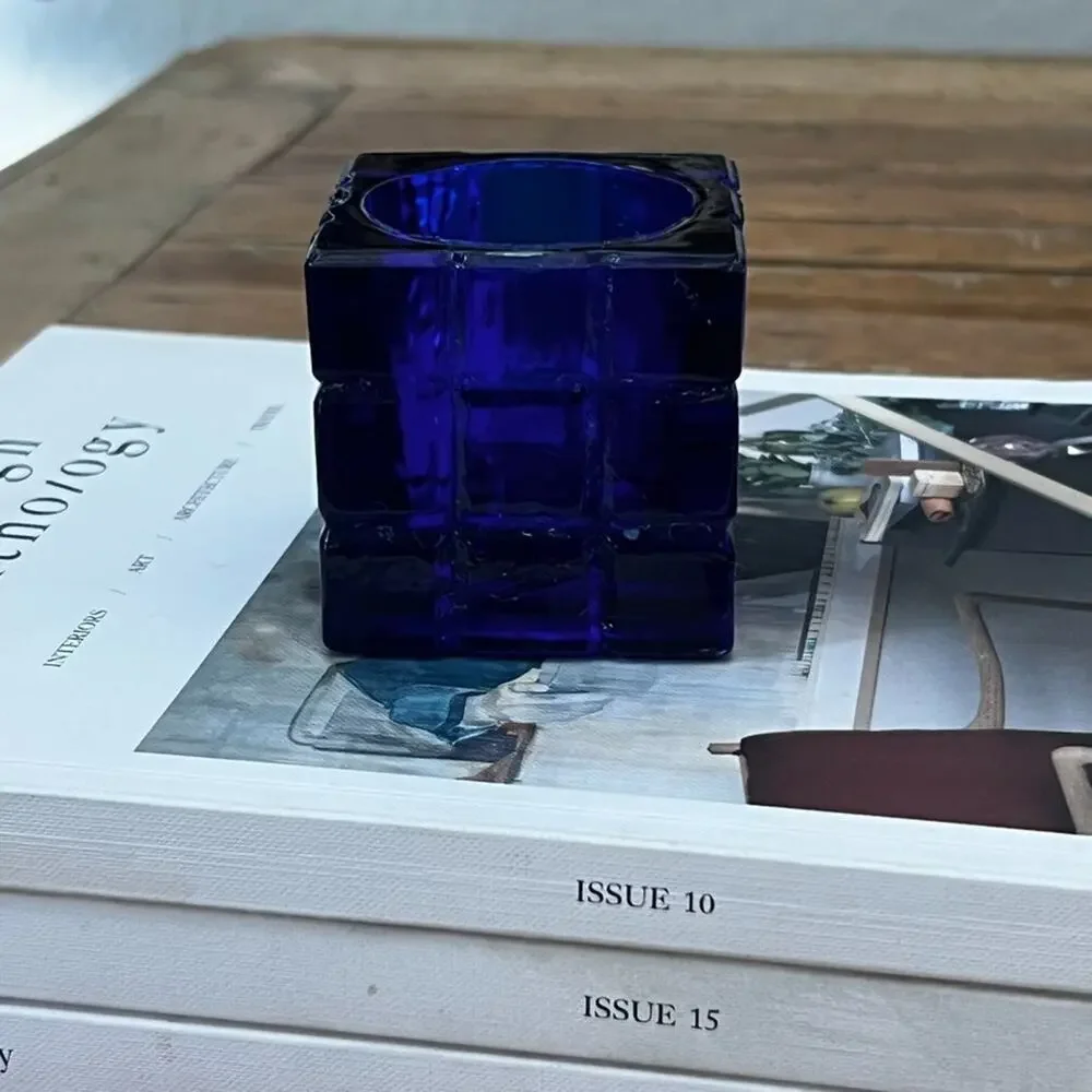 Square Cube Decorative Candle Holder Cobalt Blue MCM